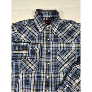 Plains Western Wear Mens Blue Plaid Pearl Snap Shirt Long Sleeve Medium